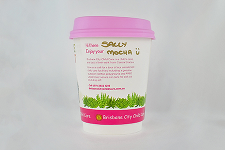 coffee cup advertising brisbane city child care campaign cup side view