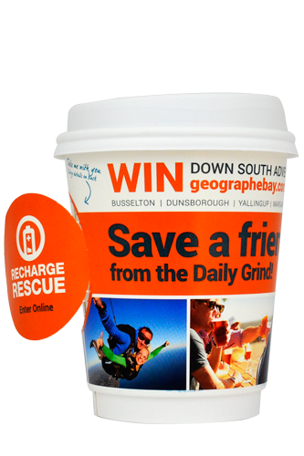 coffee cup advertising geographe bay campaign cup showing tear off