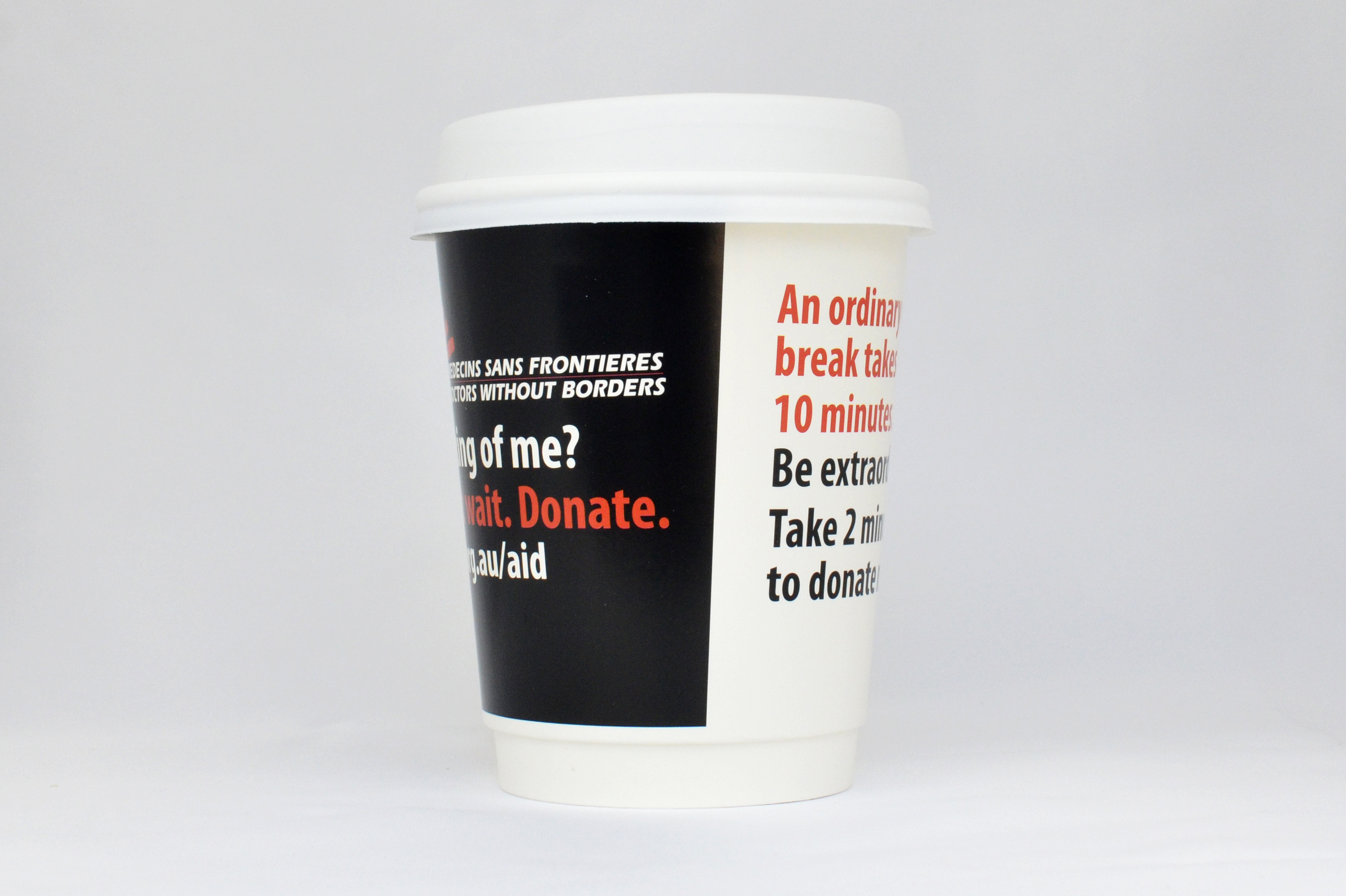 coffee cup advertising msf canberra campaign cup back view