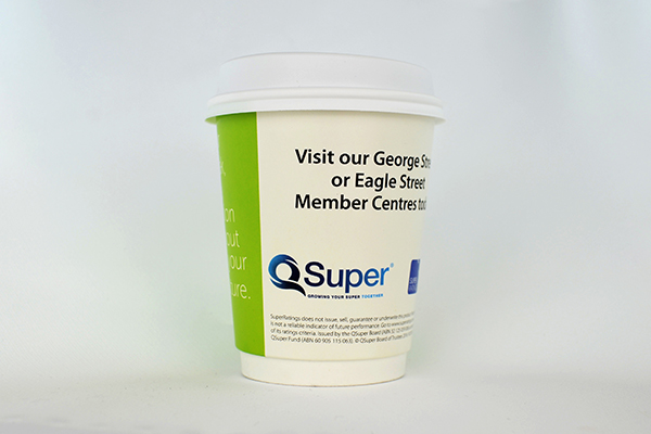 coffee cup advertising qsuper campaign cup front view