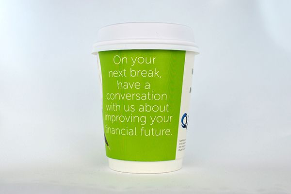 coffee cup advertising qsuper campaign cup back view
