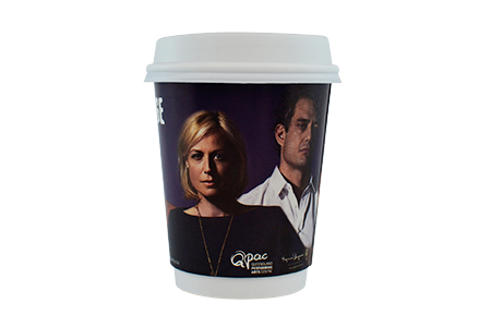 coffee cup advertising Queensland Theatre campaign cup front view
