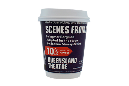 coffee cup advertising Queensland Theatre campaign cup side view