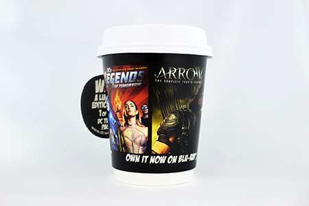 coffee cup advertising village roadshow dc titles campaign cup front view